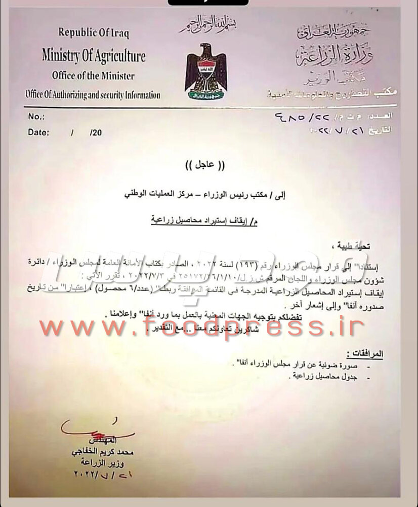 وزارت کشاورزی عراق واردات 6محصول کشاورزی را ممنون کرد +سند