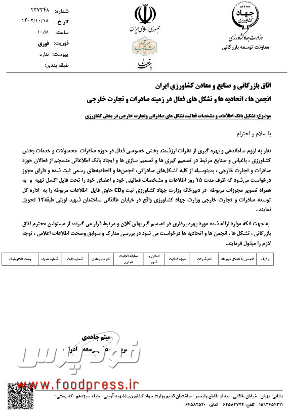 وزارت جهاد کشاورزی برای تشکیل بانک اطلاعات تشکل ها و فعالان صادراتی دست به کار شد + جزئیات