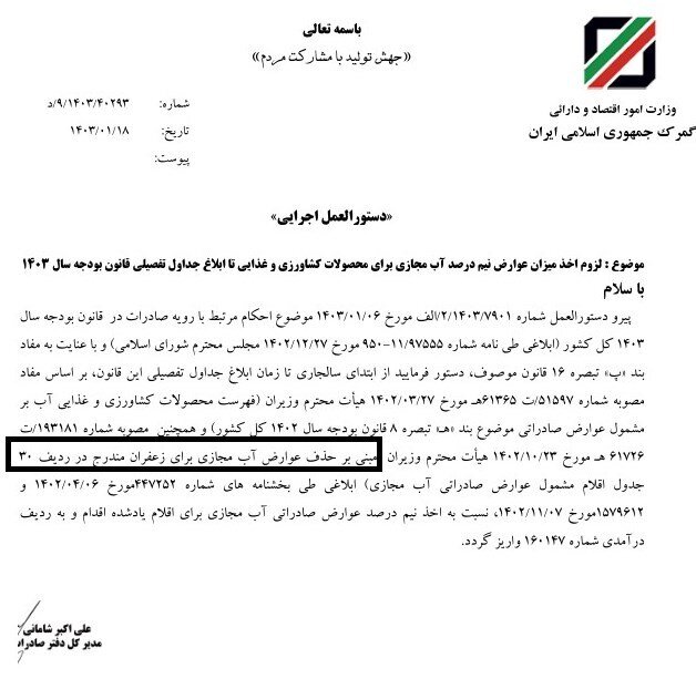 اخذ عوارض آب مجازی محصولات کشاورزی صادراتی در ۱۴۰۳