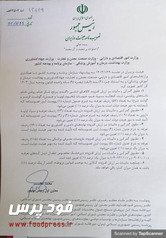 مصوبه کاهش حقوق گمرکی و مالیات بر ارزش افزوده کالاهای اساسی یک روزه ابلاغ شد + سند