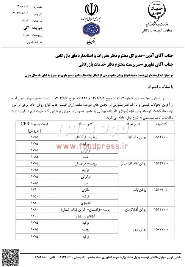 سقف قیمت ارزی کالاهای اساسی و نهاده های دامی اعلام شد