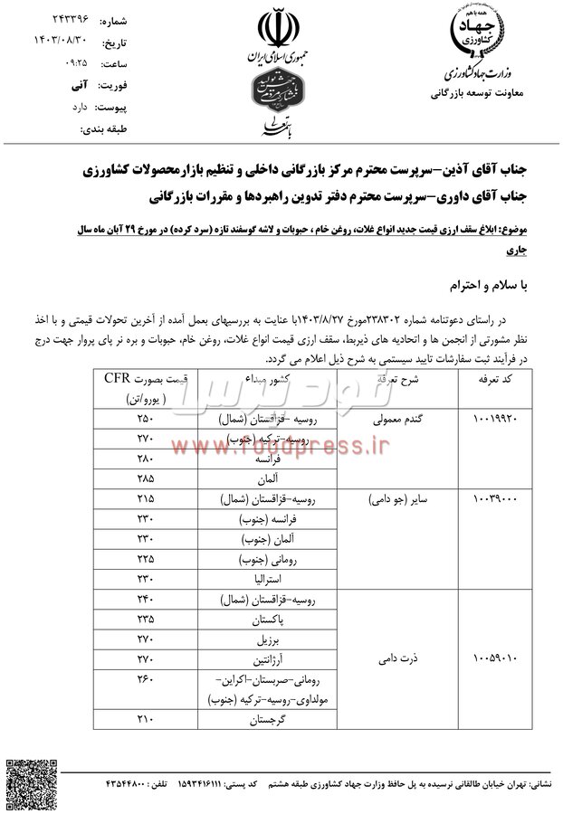 سقف قیمت ارزی واردات کالاهای کشاورزی مورخ ۲۹ آبان ماه ۱۴۰۳ اعلام شد