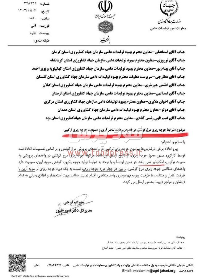 وزارت جهاد کشاورزی شرایط جوجه ریزی مرغ گوشتی در خصوص رعایت تناظر آرین و ممنوعیت جوجه ریزی ترکیبی را اعلام کرد + سند