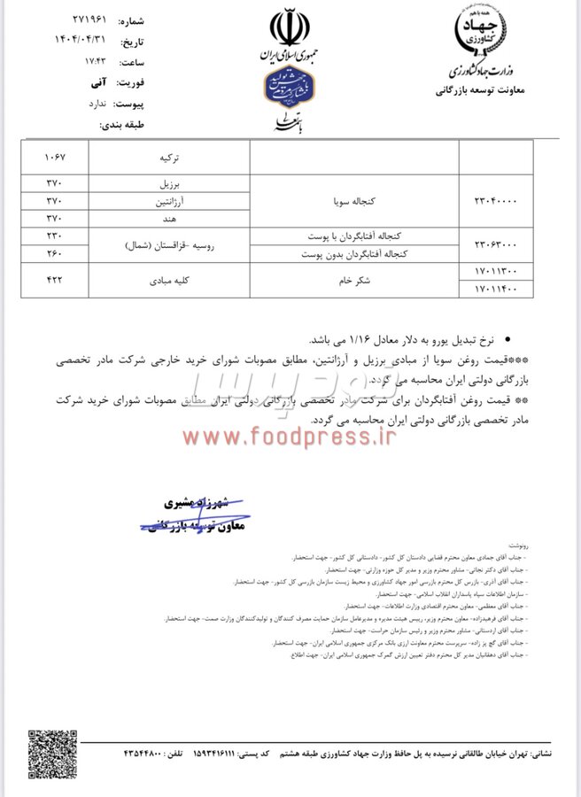 قیمت های جدید ارزی غلات، روغن خام و شکر اعلام شد