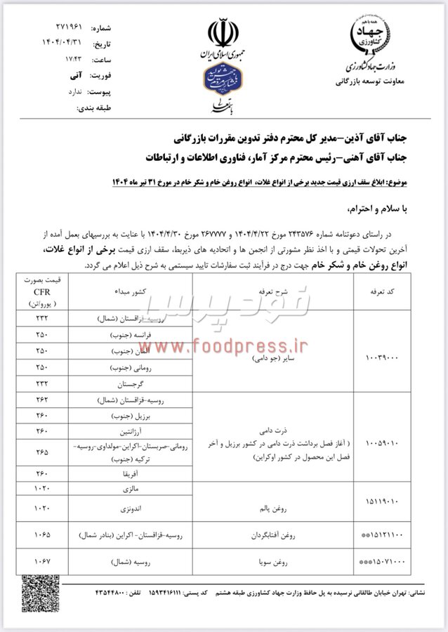 قیمت های جدید ارزی غلات، روغن خام و شکر اعلام شد