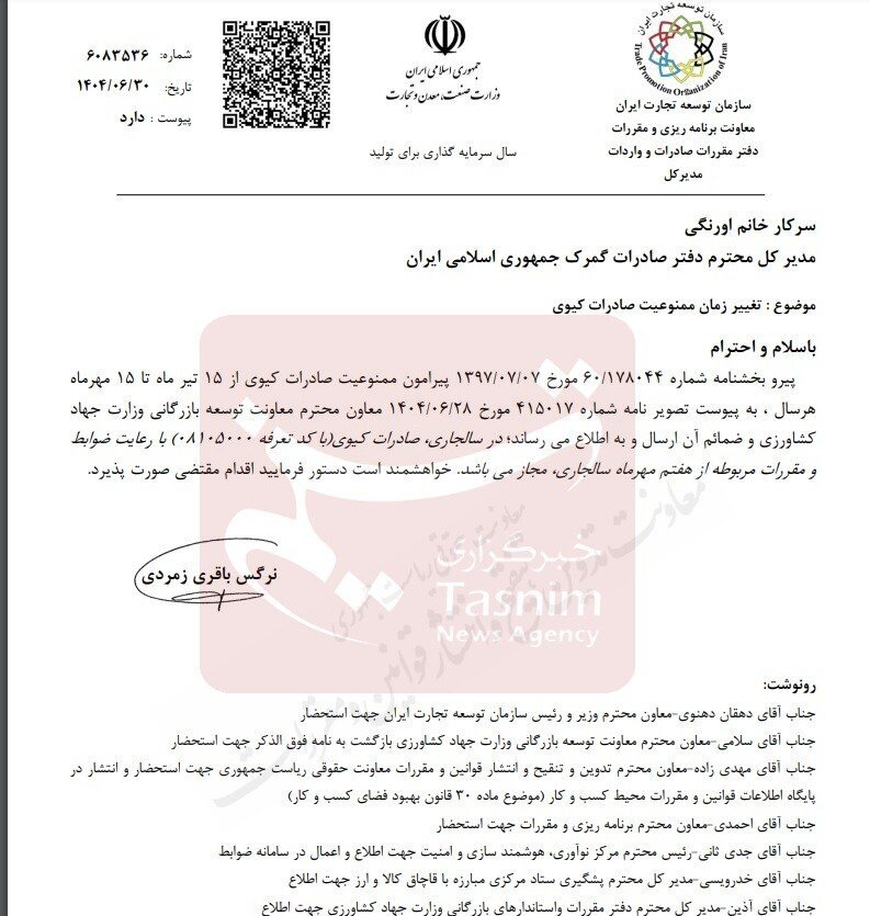 مجوز صادرات کیوی ۸ روز جلو افتاد+ سند