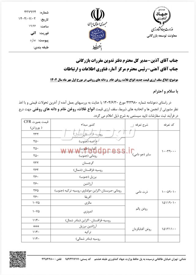 سقف قیمت ارزی کالاهای اساسی و نهاده ها مورخ اول مهرماه اعلام شد