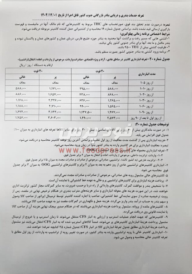 تعرفه جدید خدمات بندری و دریایی بنادر بازرگانی جنوب کشور اعلام شد +جدول