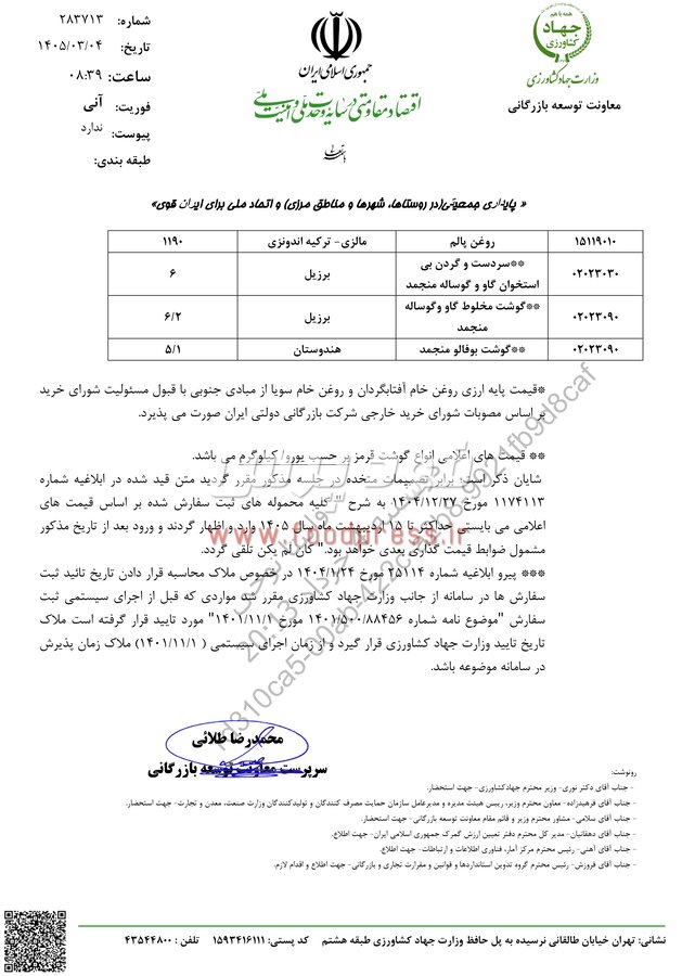 ابلاغ ﺳﻘﻒ قیمت ﺍﺭﺯﯼ ﺍﻧﻮﺍﻉ ﺣﺒﻮﺑﺎﺕ، ﺭﻭﻏﻦ ﺧﺎﻡ ﻭ ﮔﻮﺷﺖ ﻗﺮﻣﺰ + جدول