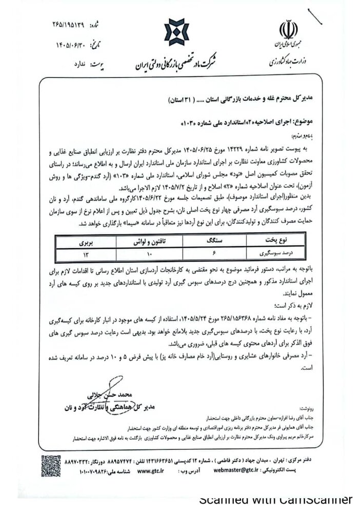درصد سبوس گیری آرد مصرفی چهار نوع پخت اصلی نان به کارخانجات آرد ابلاغ شد + جدول