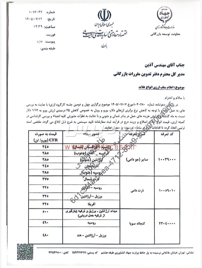 سقف قیمت ارزی گندم، دانه سویا، جو و ذرت وارداتی در تاریخ ۱۲ مهرماه ۱۴۰۵ اعلام شد